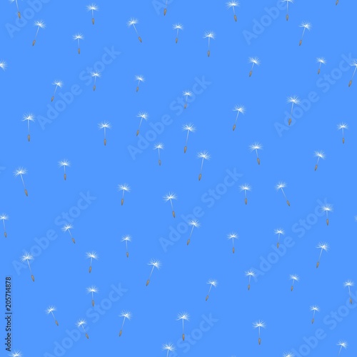 Fototapeta Naklejka Na Ścianę i Meble -  Flying dandelion seed blue background seamless. Template with elements of nature. Eco vector illustration