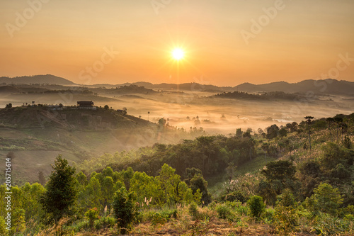 Beautiful Sunrise and foggy moutain view at Doi Ang Khang,Chiang Mai, Thailand.