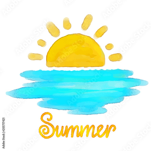 Watercolor sketch sun, sea, word summer