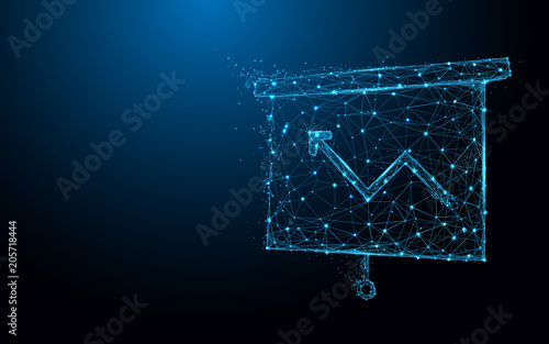 Growing Chart on Board icon form lines and triangles, point connecting network on blue background. Illustration vector