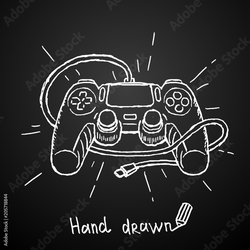 Hand drawn gamepad on black background. Vector illustration.