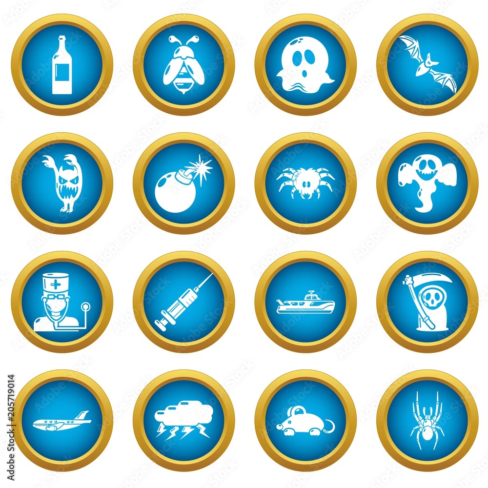 Fears phobias icons set. Simple illustration of 16 fears phobias vector icons for web Fears phobias icons set. Simple illustration of 16 fears phobias vector icons for web