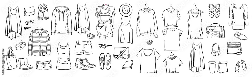 Fashion stylish, Graphic drawing sketch with woman, Vector set, Doodle design - obrazy, fototapety, plakaty 