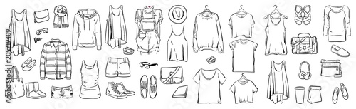 Fashion stylish, Graphic drawing sketch with woman, Vector set, Doodle design