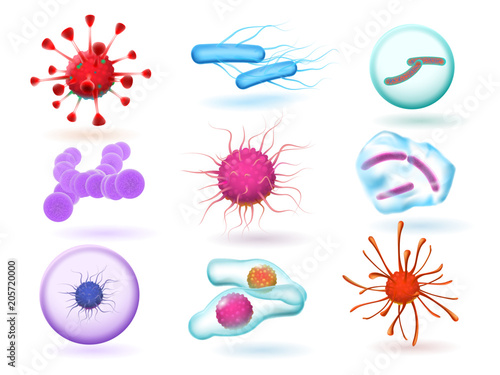Realistic 3d microbiology bacteria, various virus, nature microorganism and science of microscopic viruses isolated vector set
