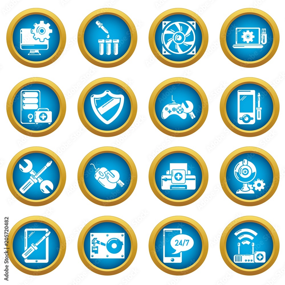 Computer repair service icons set. Simple illustration of 16 computer repair service vector icons for web Computer repair service icons set. Simple illustration of 16 computer repair service vector icons for web