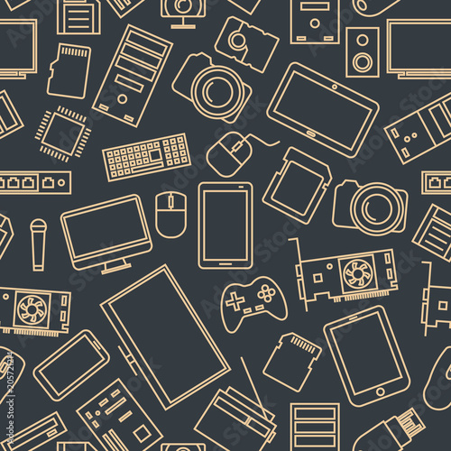 Seamless pattern from a set of computer and gadget icons, vector illustration.