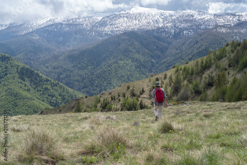 Italy  Liguria  hiker walking in alpine scenery