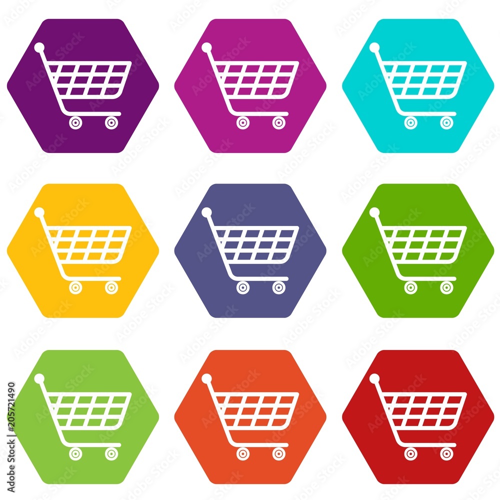 Product trolley icons 9 set coloful isolated on white for web Product trolley icons 9 set coloful isolated on white for web