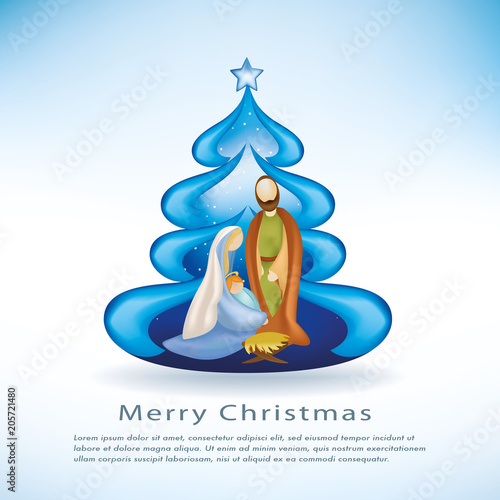 Christmas cards with nativity scene christmas tree on blue background