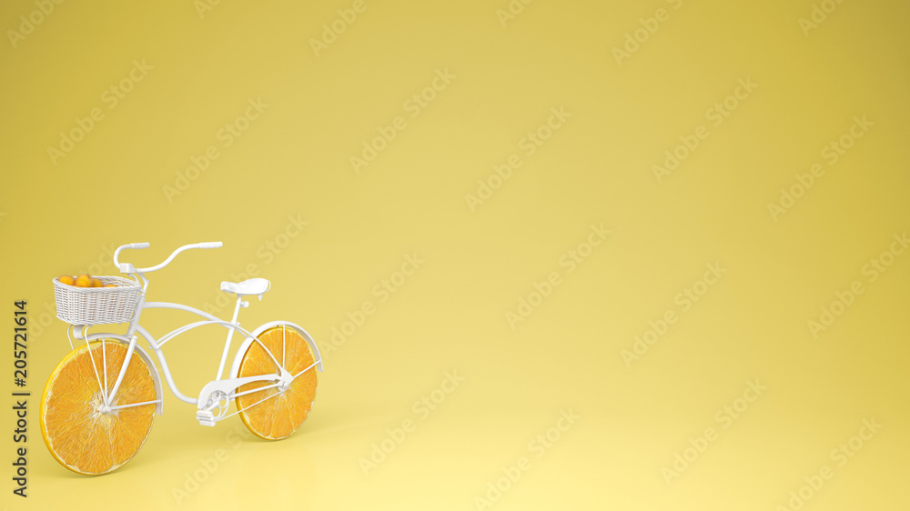 White bike with sliced orange wheels, healthy lifestyle concept with yellow pastel background copy space