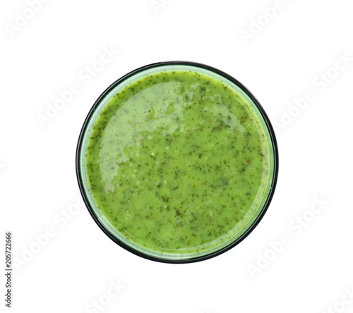 Glass with delicious detox smoothie on white background, top view