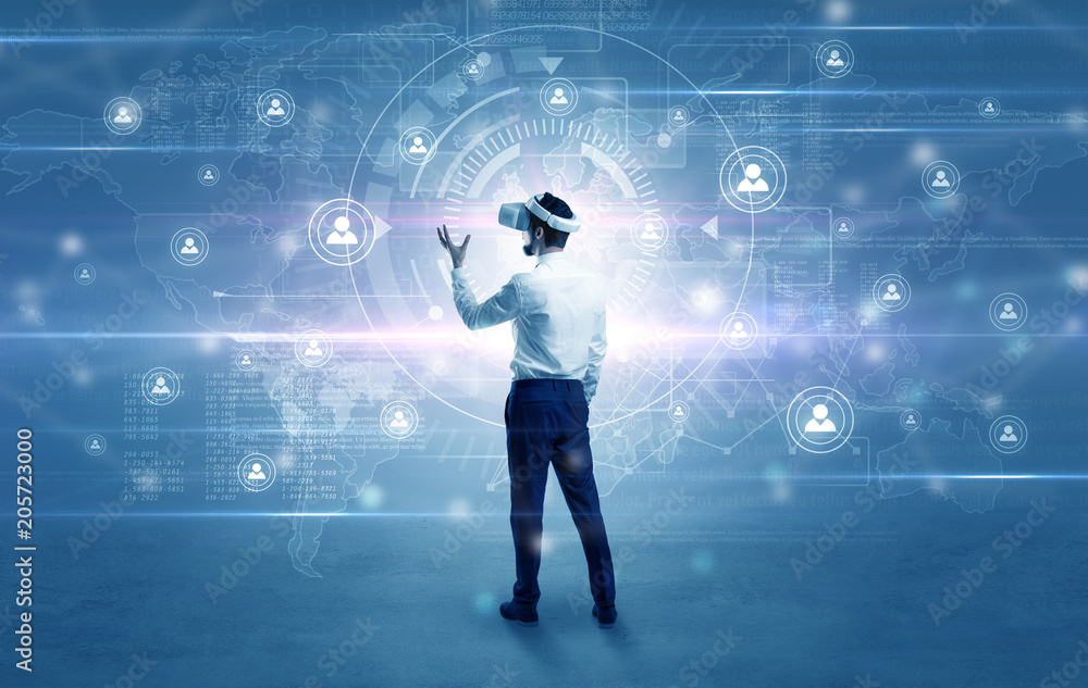 Manager with vr headset and social network research concept
Manager with vr headset and social network research concept