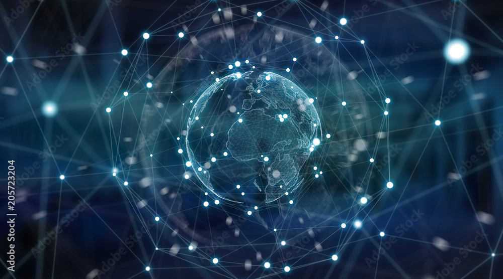 Connections system global world view 3D rendering Connections system global world view 3D rendering