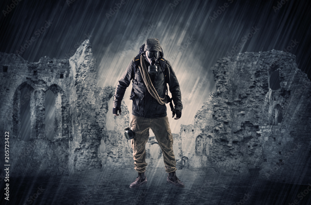 Hazard, menace man in a ruined crumbly building with arms on his hand
Hazard, menace man in a ruined crumbly building with arms on his hand