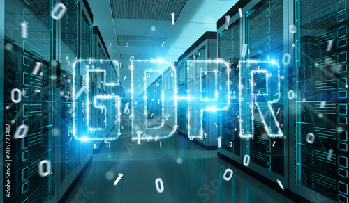 Digital GDPR interface in server room 3D rendering