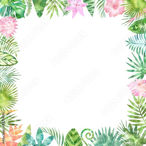 Watercolor green tropical plants frame, place for your text. White background isolated. Wedding invitation, card design