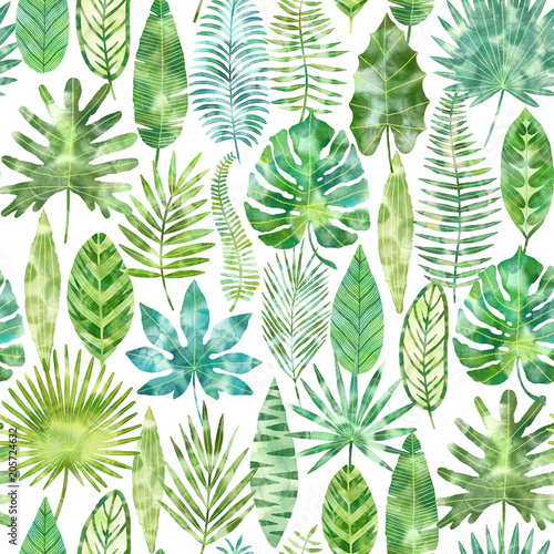 Watercolor tropical green exotic leaves pattern