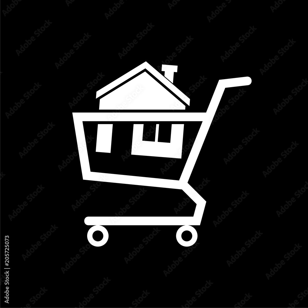 House in shopping cart icon on dark background House in shopping cart icon on dark background