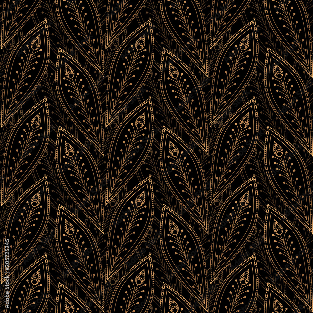 Luxury background vector. Peacock feathers royal pattern seamless. Golden vintage design for yoga wallpaper, beauty spa salon ornament, bridal shower, indian wedding party, holiday christmas card.