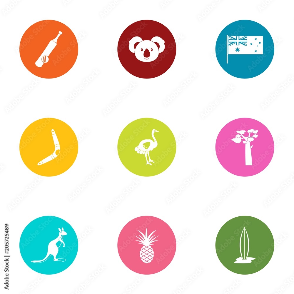 Australia trip icons set. Flat set of 9 australia trip vector icons for web isolated on white background Australia trip icons set. Flat set of 9 australia trip vector icons for web isolated on white background