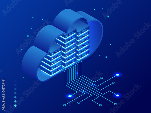 Isometric modern cloud technology and networking concept. Web cloud technology business. Internet data services vector illustration.