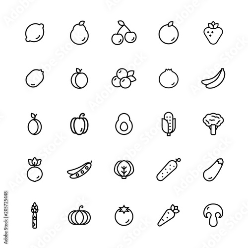 Fruit and vegetables vector icon set in line style.