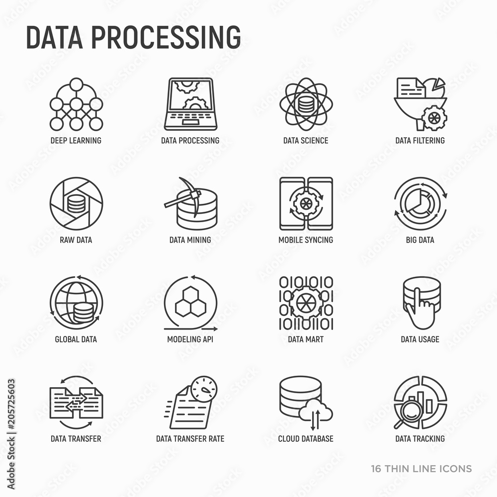 Data processing thin line icons set: data science, filtering, deep learning, mobile syncing, big data, modeling API, usage, tracking, cloud database. Modern vector illustration.