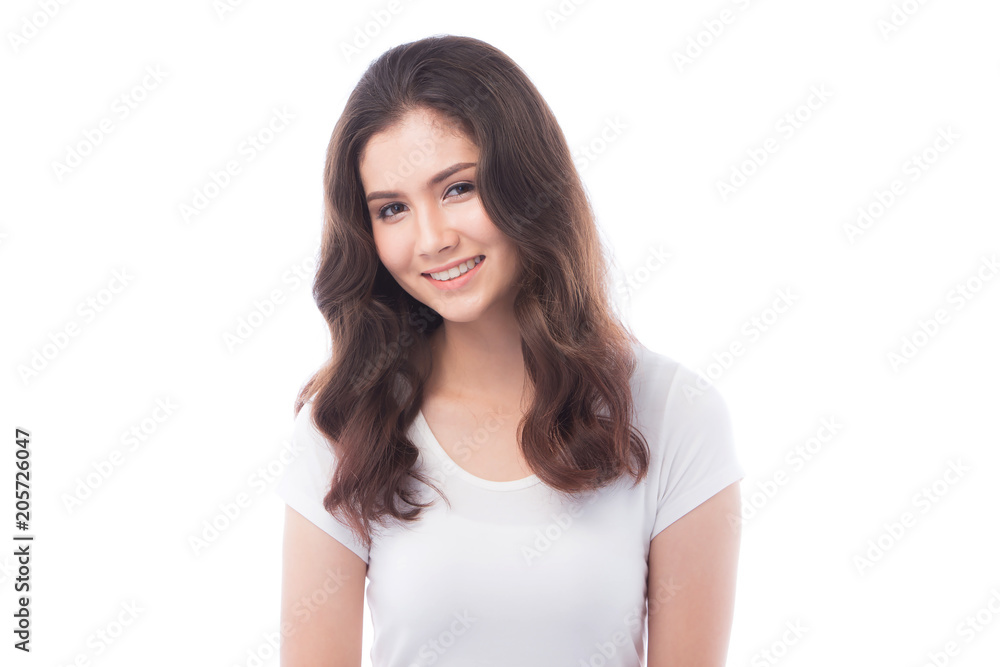 half asian woman smiling on white background half asian woman smiling on white background