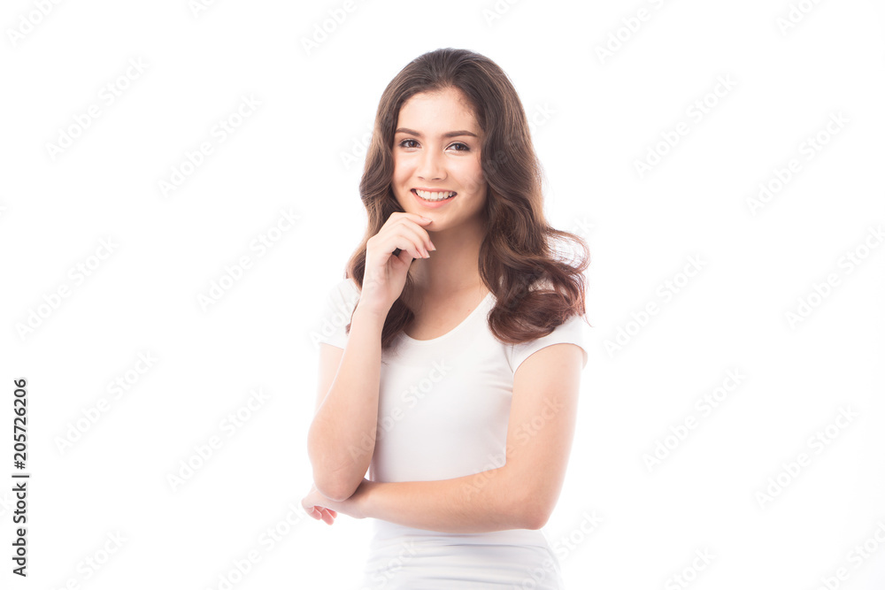 half asian woman smiling on white background half asian woman smiling on white background