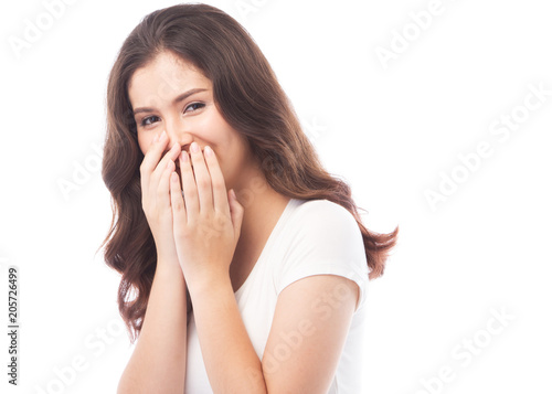 half asian woman Laugh on white background