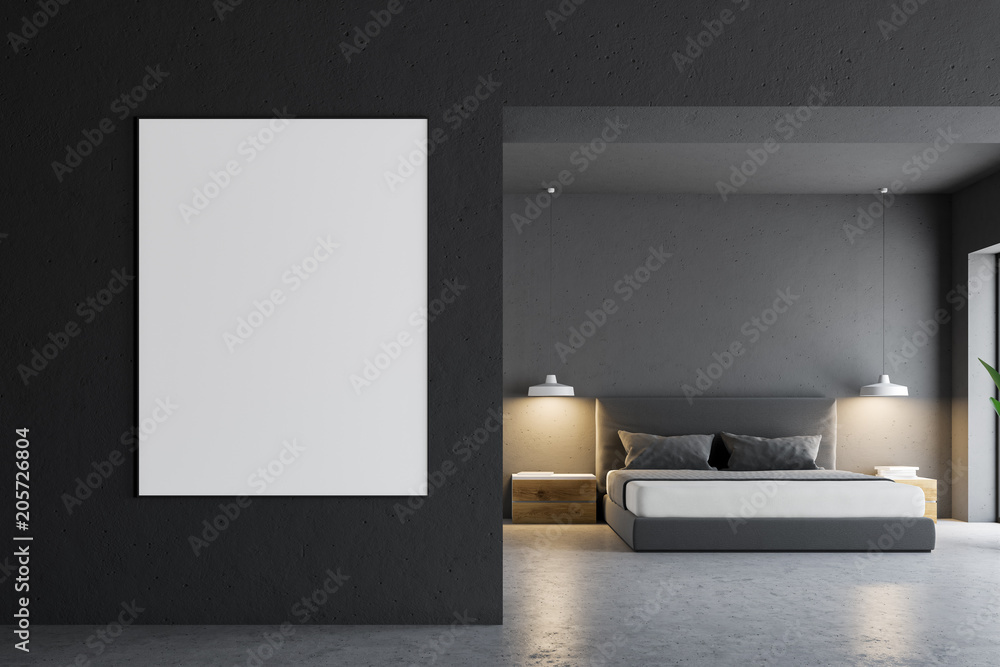 Gray bedroom interior, poster