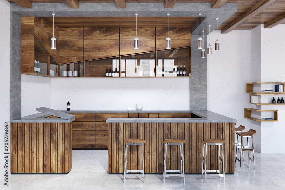 Wooden bar interior, stools and bottles Wooden bar interior, stools and bottles
