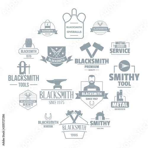 Blacksmith metal logo icons set. Simple illustration of 16 blacksmith metal logo vector icons for web
