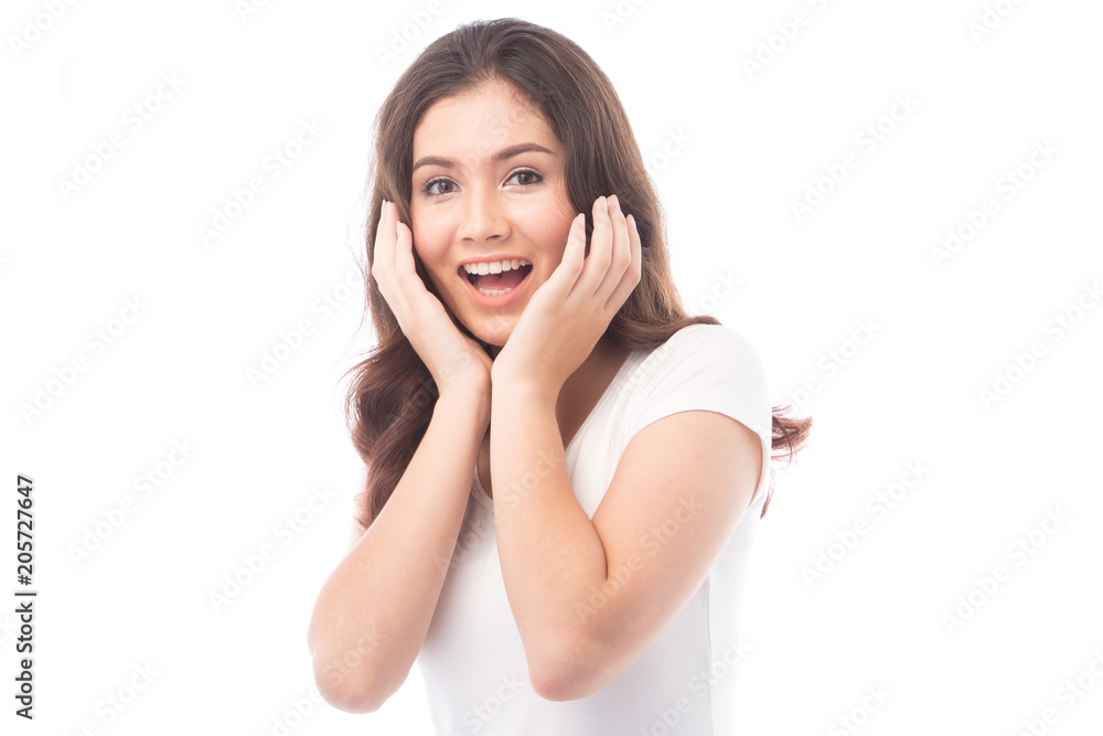half asian woman shocked on white background half asian woman shocked on white background