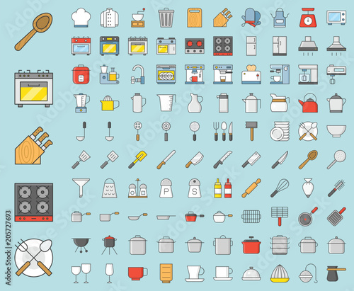 Kitchen utensils and device, bakery equipments, chef uniform and household appliance 100 icons, drawing on grid system, filled thin outline icon 1 px stroke