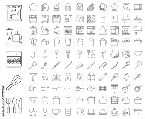Kitchen utensils, bakery equipments, chef uniform and home appliance 100 icons, drawing on grid system, thin line icon set