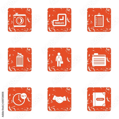 Business translation icons set. Grunge set of 9 business translation vector icons for web isolated on white background