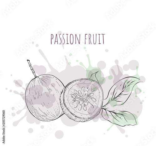 Passion fruit, whole and half with leaf, vector