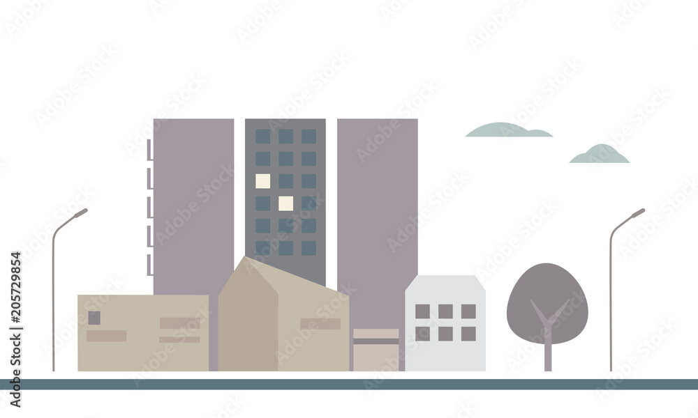 Flat design illustration of a housing estate in a city with buildings, lamps and trees, under the sky with clouds