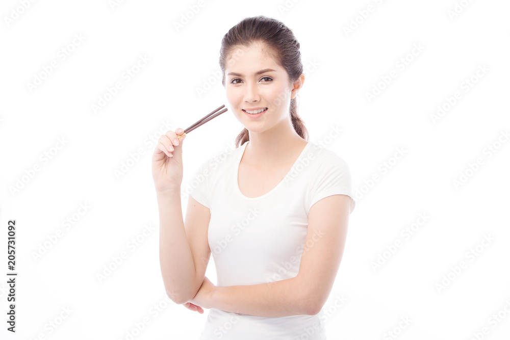 half asian woman eating snack on white background half asian woman eating snack on white background