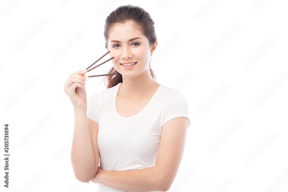 half asian woman eating snack on white background half asian woman eating snack on white background