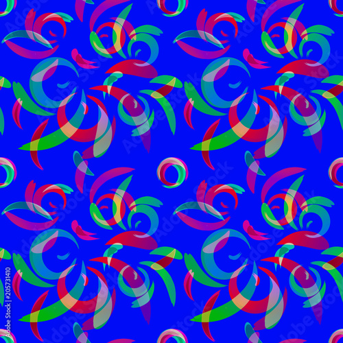 Fototapeta Naklejka Na Ścianę i Meble -  Vector pattern of colored doodles and curls in floral ornament in ethnic style on a blue background.