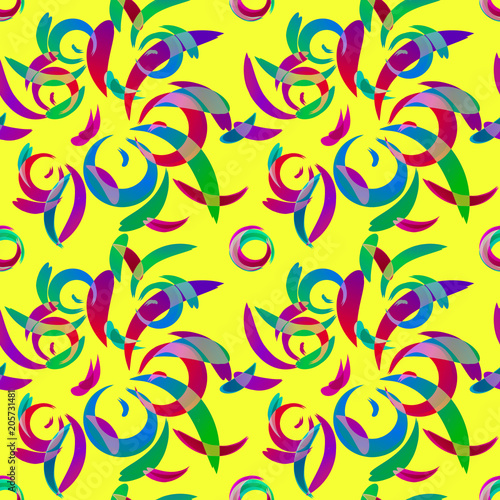 Fototapeta Naklejka Na Ścianę i Meble -  Vector pattern from colored doodles and curls in floral ornament in ethnic style on a yellow background.