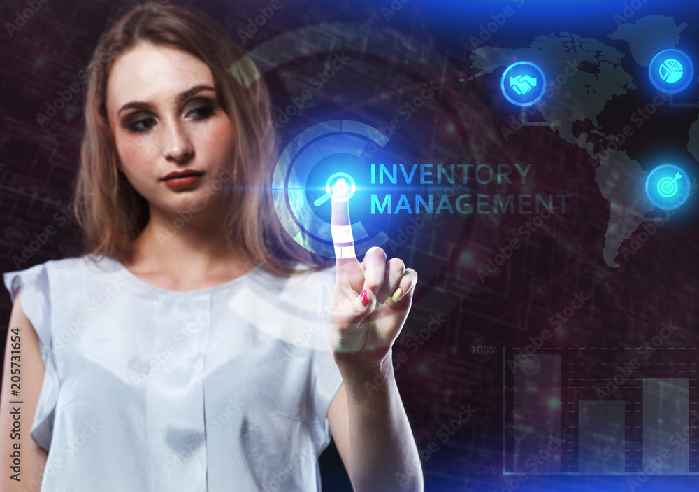 The concept of business, technology, the Internet and the network. A young entrepreneur working on a virtual screen of the future and sees the inscription: Inventory management The concept of business, technology, the Internet and the network. A young entrepreneur working on a virtual screen of the future and sees the inscription: Inventory management