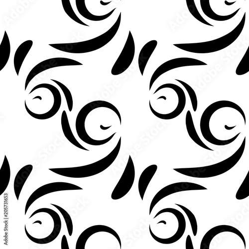 Vector monochrome pattern of black doodles and curls in floral ornament in ethnic style on a white background.