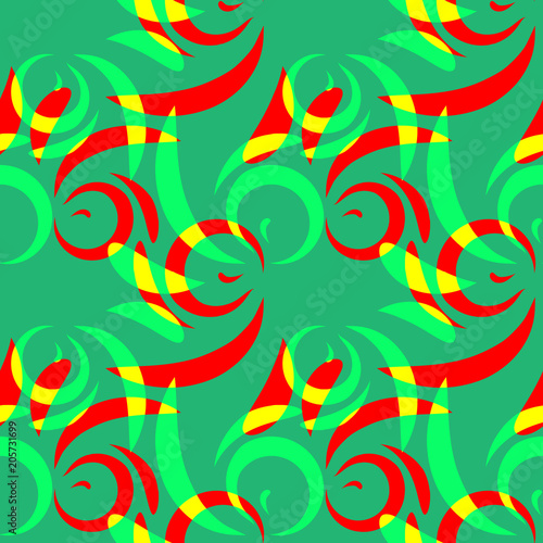 Fototapeta Naklejka Na Ścianę i Meble -  Vector pattern from colored doodles and curls in floral ornament in ethnic style on azure background.