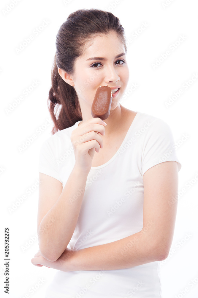 Beautiful asian girl eating or holding a ice cream on white background Beautiful asian girl eating or holding a ice cream on white background