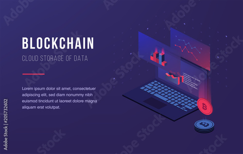 Cryptocurrency and blockchain. Bitcoin mining farm. Creating digital currency. Concept for landing page, web design, banner and presentation. 3d isometric flat design. Vector illustration.