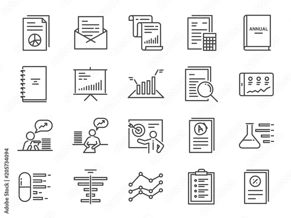 Report icon set. Included the icons as financial report, tax document, lab test, balance sheet, graph, analytic, analysis and more. - obrazy, fototapety, plakaty 